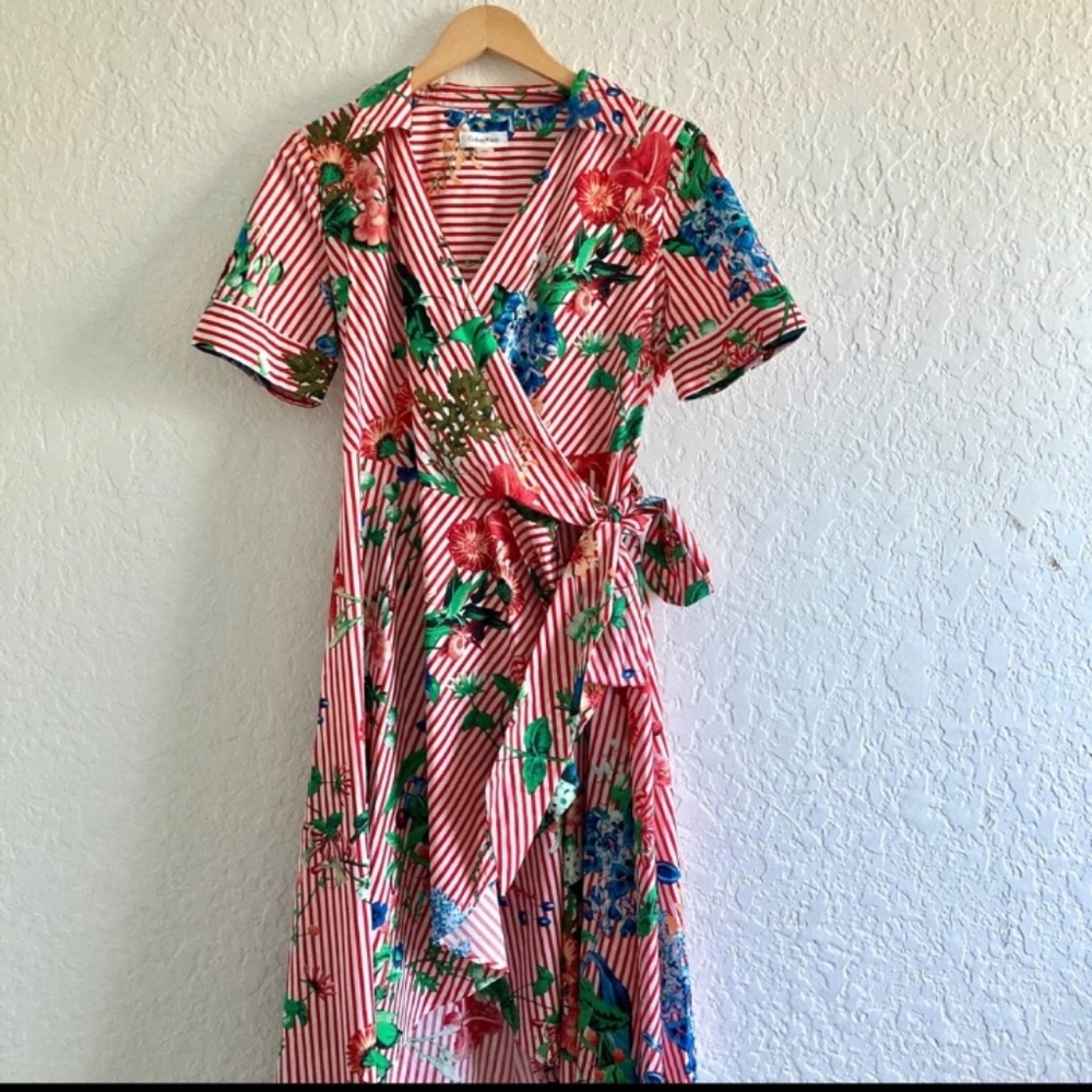 Calvin Klein Red Striped Floral Wrap Dress